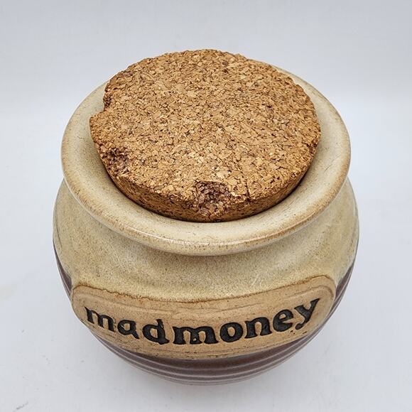 Vtg Mad Money Savings Jar Glazed Stoneware Cork Lid Brown Cream Gargen Ridge 5" - Picture 2 of 10